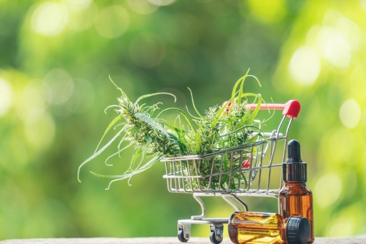 mini shopping cart with cbd flower and tincture