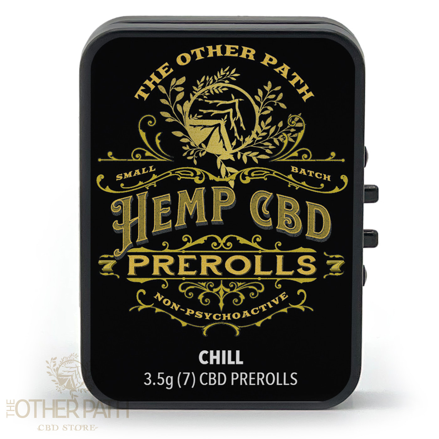 Black tin container of The Other Path Hemp CBD Prerolls labeled 'CHILL,' featuring gold ornate text and design, containing 3.5g (7) non-psychoactive small batch CBD prerolls