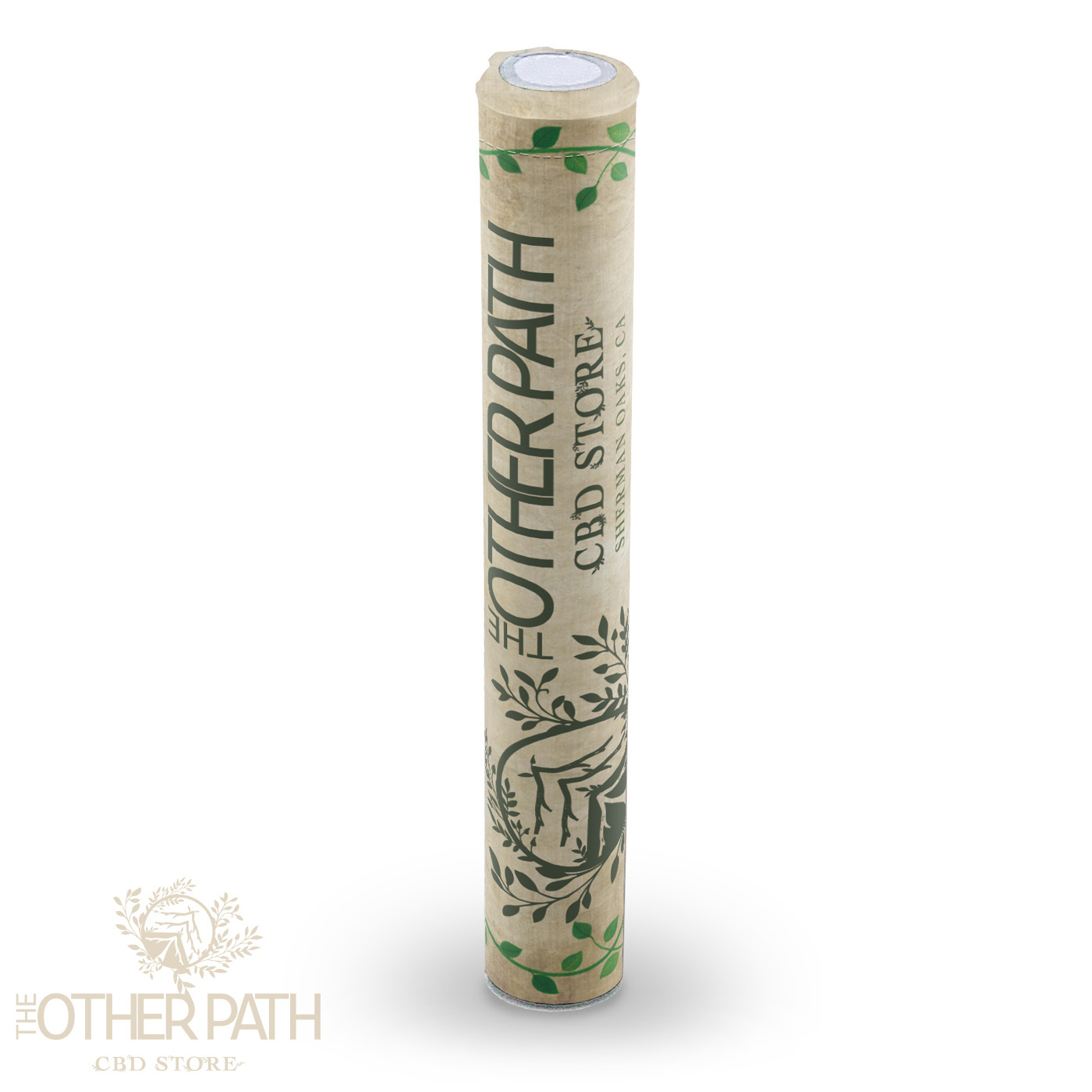The Other Path branded cylindrical packaging tube with green leaf design and logo.
