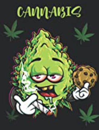 Illustration of a cartoon cannabis bud character holding a cookie and a joint, with red eyes and surrounded by marijuana leaves on a dark background