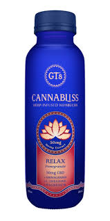 Blue bottle of GT’s Cannabliss hemp-infused kombucha labeled 'Relax' with 50mg hemp extract