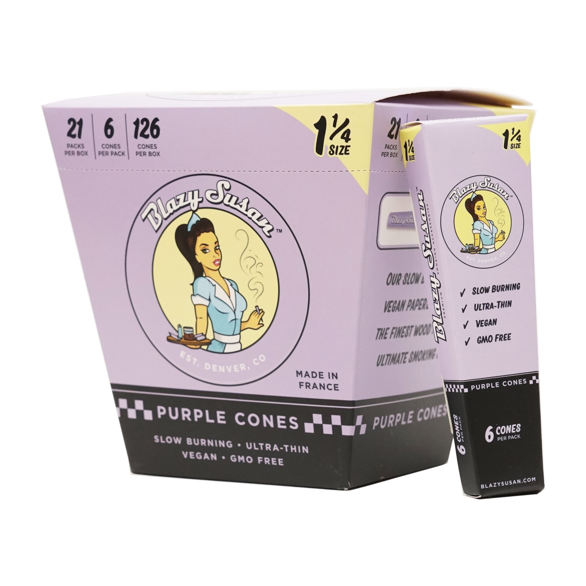 Packaging of Blazy Susan Purple Cones, featuring slow burning, ultra-thin, vegan, and GMO-free rolling cones