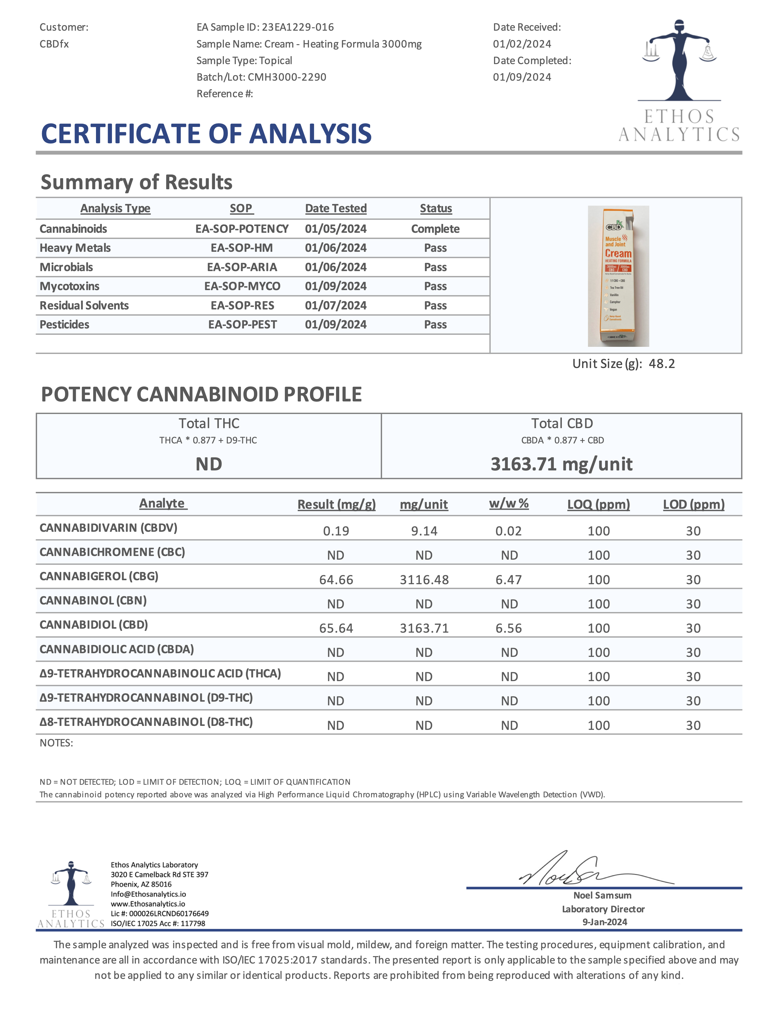 CBDfx Muscle and Joint Cream cooling formula 1000mg CBD in a white and blue bottle next to its matching box with key ingredients listed