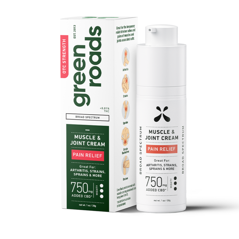 Green Roads Muscle & Joint Cream packaging and bottle highlighting 750 mg added CBD for pain relief