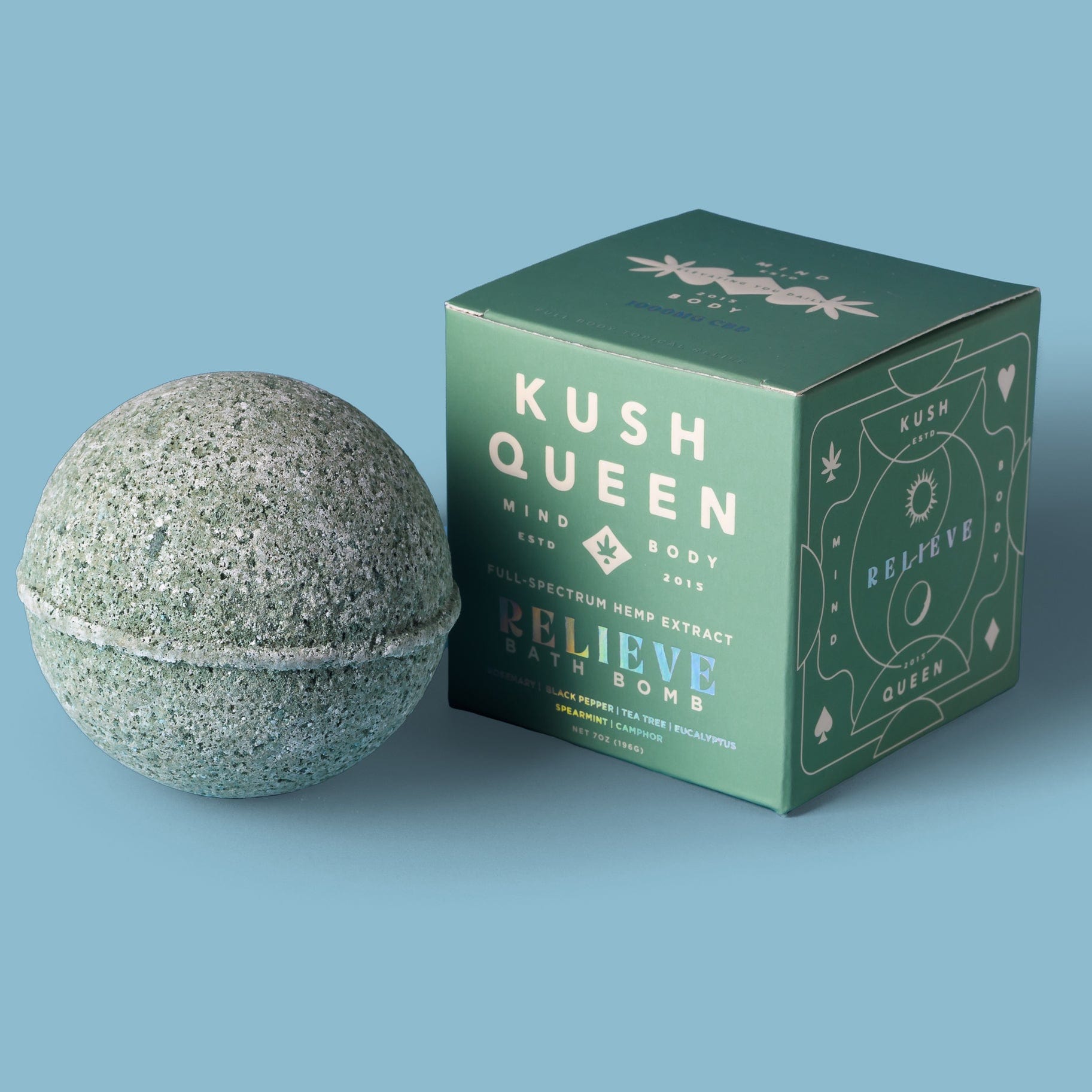 Kush Queen Relieve Bath Bomb with full-spectrum hemp extract soothes with spearmint, black pepper, tea tree, eucalyptus, and camphor