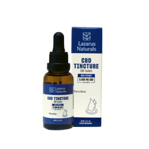 Lazarus Naturals CBD Isolate Tincture bottle and packaging, labeled as flavorless with 9,000 mg CBD per 30 mL