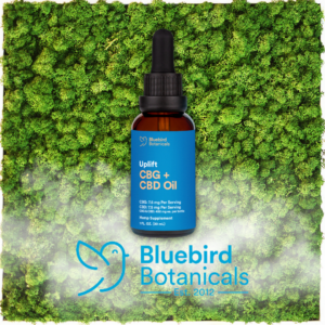 Bluebird Botanicals CBG + CBD Tincture bottle displayed on a moss green background, highlighting its sleek packaging and natural, plant-based formulation designed for balanced wellness and focus.