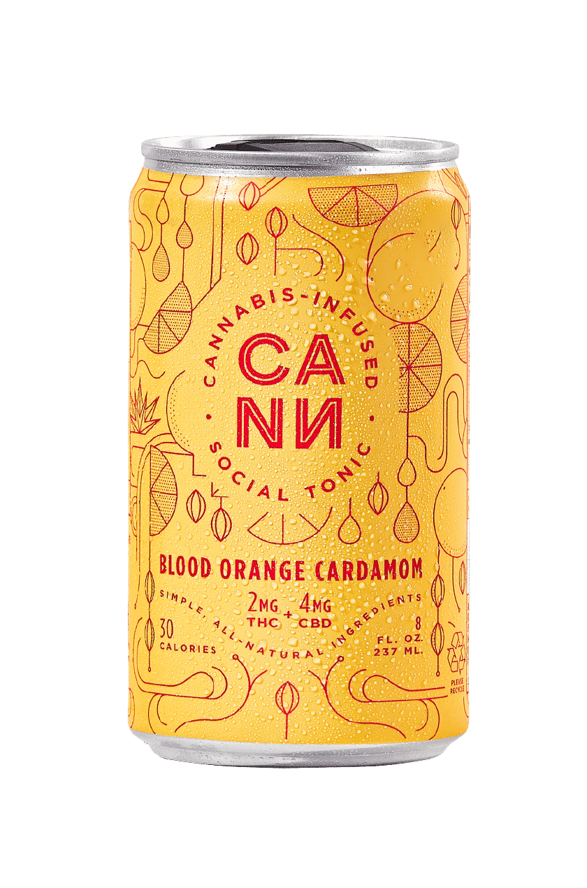 Yellow can of Cann blood orange cardamom social tonic with 2mg THC and 4mg CBD