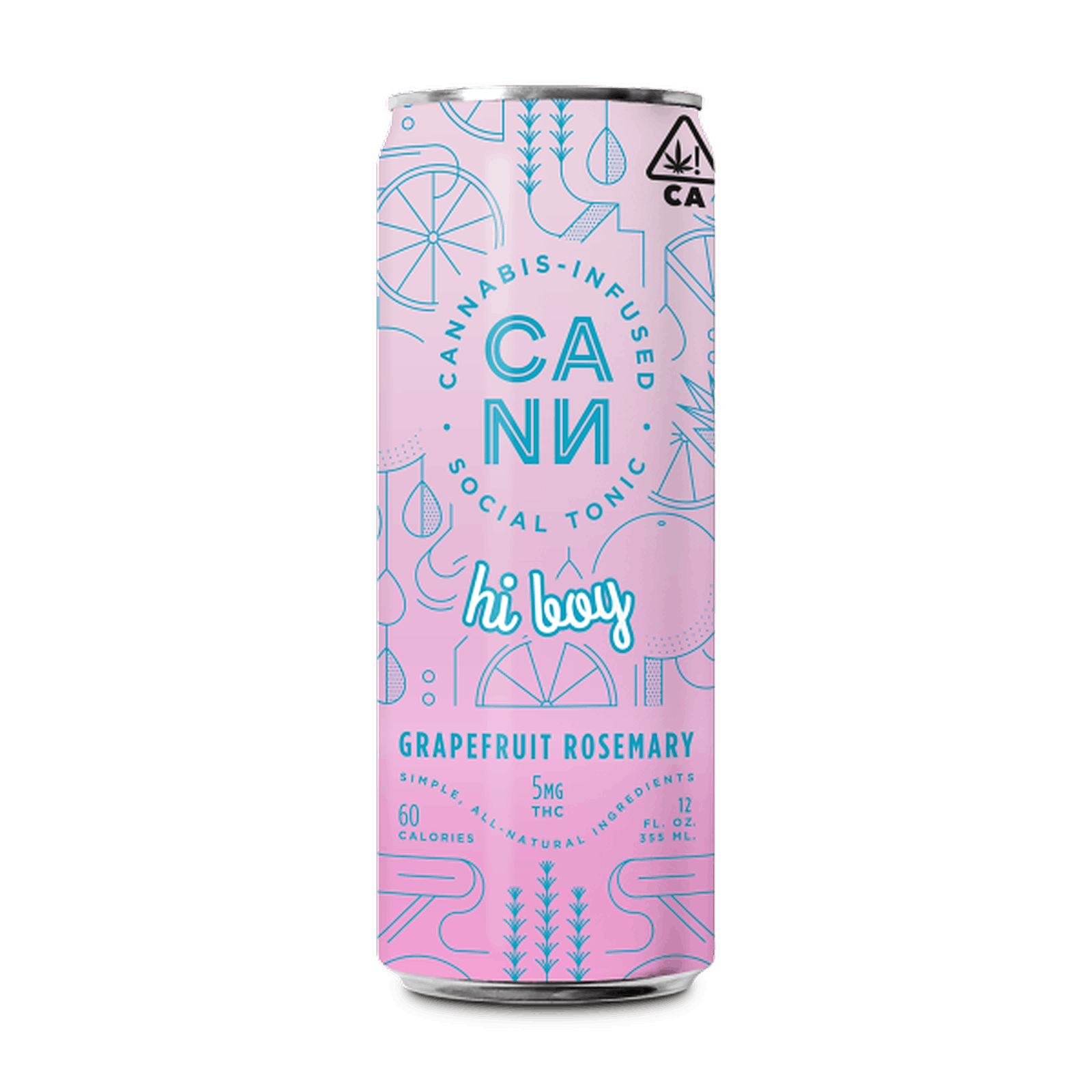 A pink can of cannabis-infused social tonic labeled 'CANN hi boy' with grapefruit rosemary flavor and 5mg THC