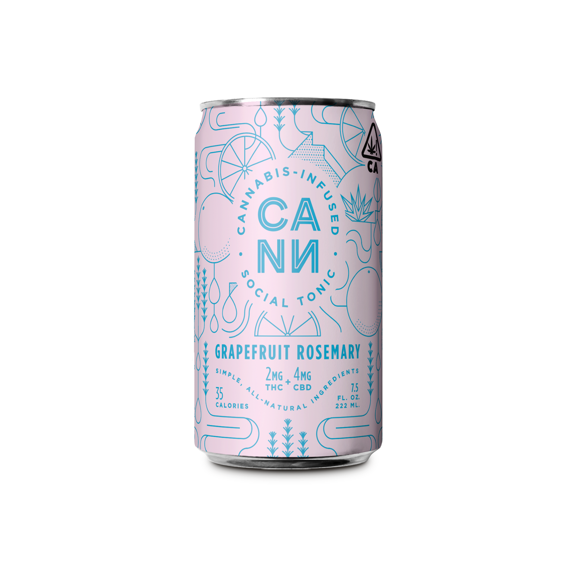A can of cannabis-infused social tonic in grapefruit rosemary flavor with 2mg THC and 4mg CBD, featuring a pink and blue design