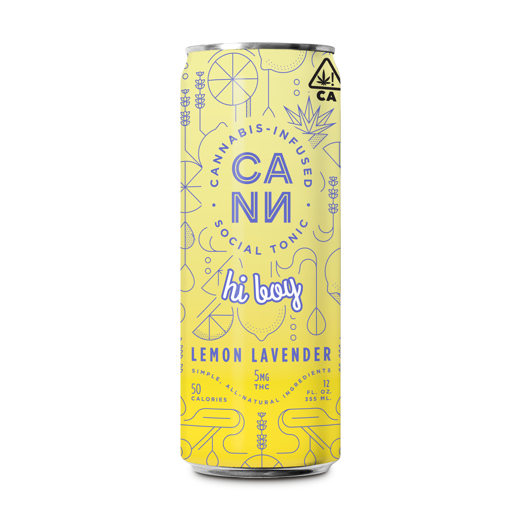 Can of CANN cannabis-infused social tonic in lemon lavender flavor with 5mg THC and 50 calories.