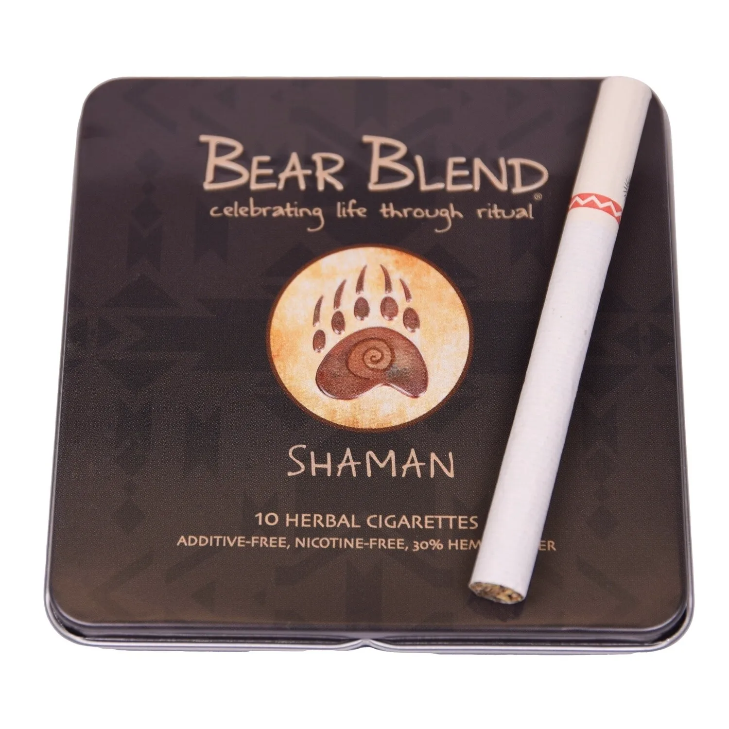 A tin of Bear Blend Shaman herbal cigarettes with one cigarette resting on top, labeled additive-free and nicotine-free.