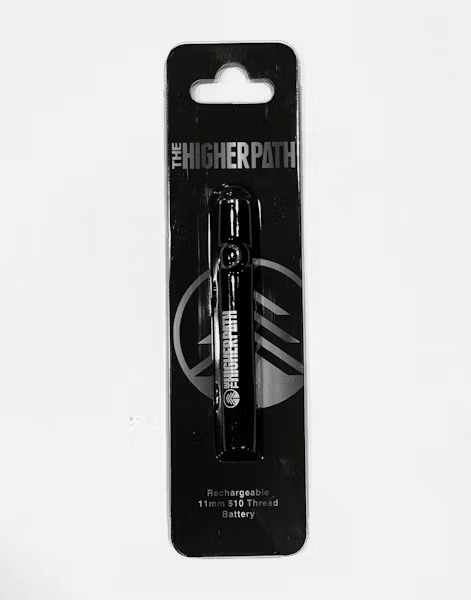 Black rechargeable 11mm 510 thread battery packaged on a black card with 'THE HIGHER PATH' branding