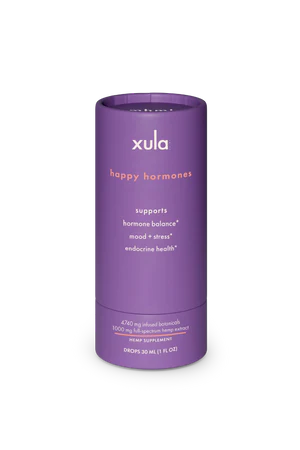 Purple bottle of Xula Happy Hormones hemp supplement with benefits listed
