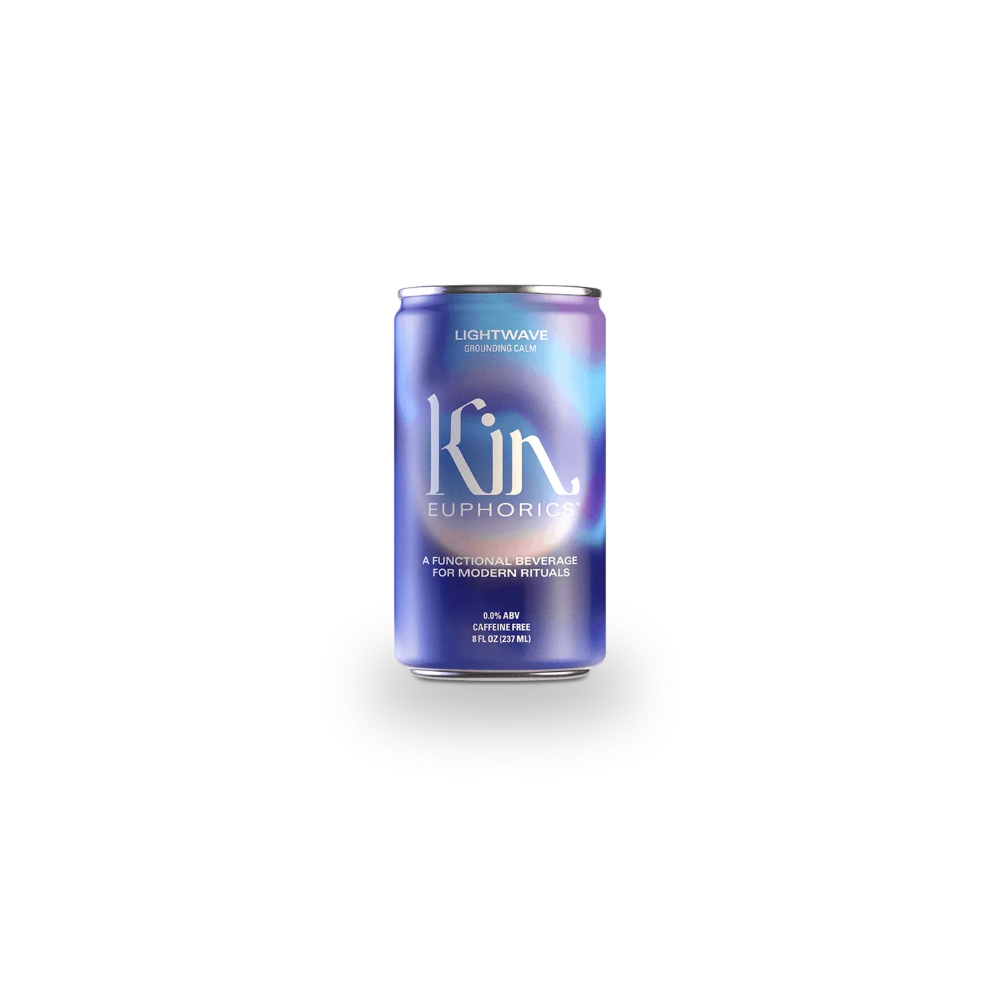 A can of Kin Euphorics Lightwave functional beverage with calming effects, caffeine-free and 0.0% ABV