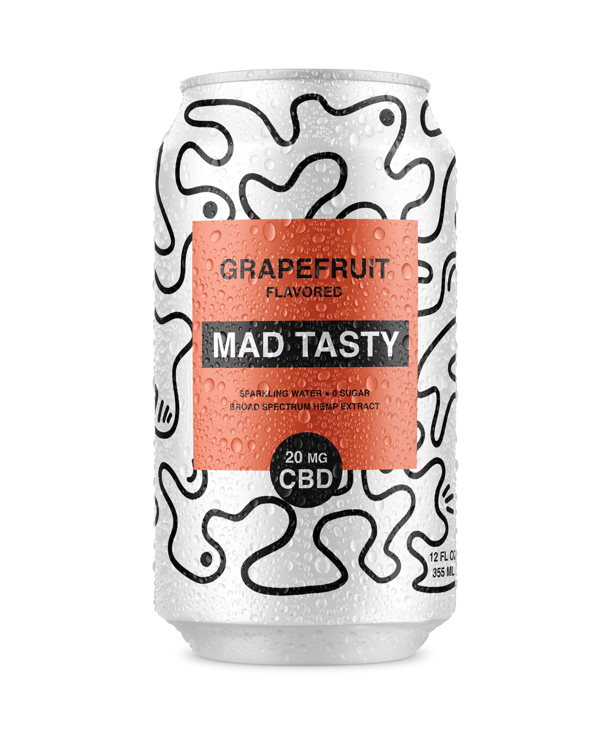 Mad Tasty grapefruit flavored sparkling water can with 20mg CBD, broad spectrum hemp extract, and zero sugar.