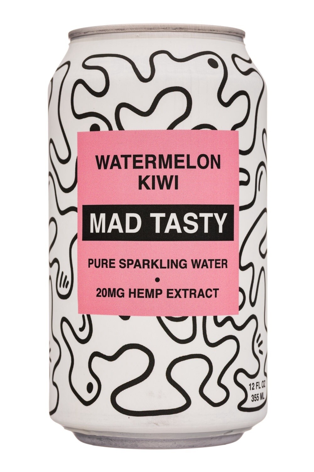 Can of Mad Tasty Watermelon Kiwi sparkling water with 20mg hemp extract and abstract black line art design on a white background