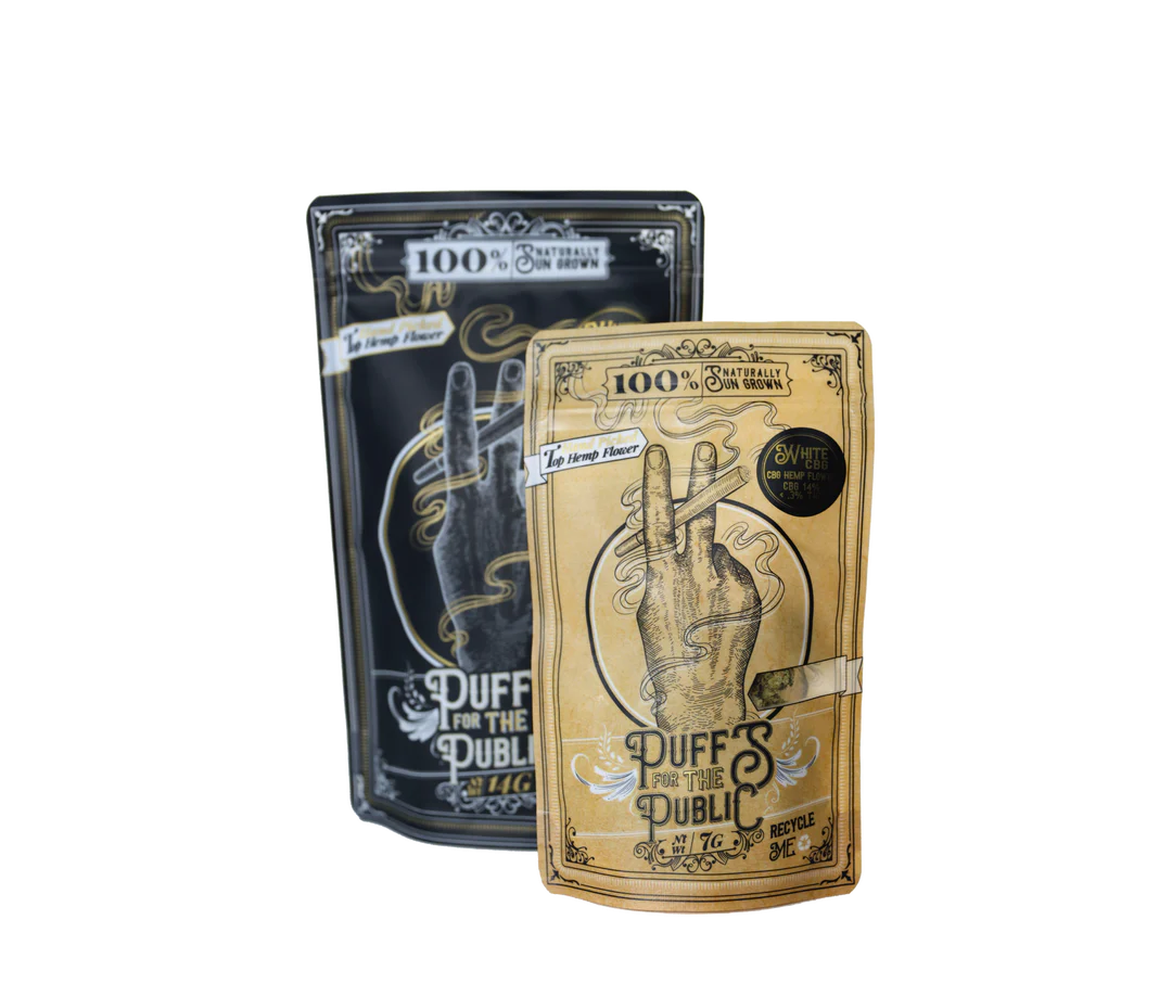 Two colorful, vintage-style pouches of 'Puffs for the Public' hemp flower, one in black and one in beige packaging.
