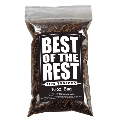 Clear plastic bag filled with pipe tobacco labeled 'Best of the Rest, 16 oz. Bag