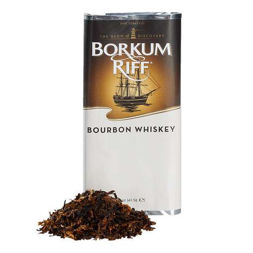 Borkum Riff Bourbon Whiskey flavored pipe tobacco package with loose tobacco spilled in front