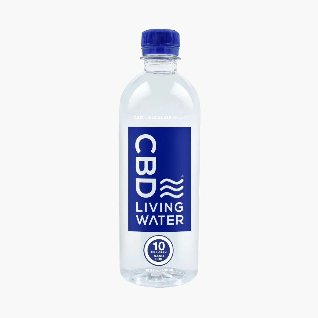 Clear plastic bottle with a blue cap labeled 'CBD Living Water' containing 10 milligrams of nano CBD