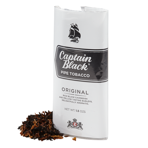 Package of Captain Black Original Pipe Tobacco with loose tobacco spilled in front