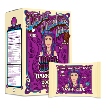 Dark Chocolate Bars Hippie Chicks 'Dark Side' CBD packaging featuring a box and an individual wrapped bar with vibrant purple design.