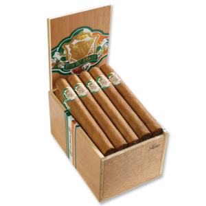 Open wooden box containing neatly arranged Erin Go Bragh cigars with decorative branding inside the lid