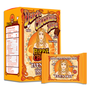 Dark Chocolate Bars Hippie Chicks 'Even Out' CBD packaging showing a box and an individual wrapped bar.