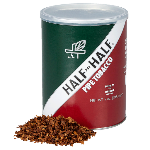 Can of Half and Half Pipe Tobacco with loose tobacco spilled in front