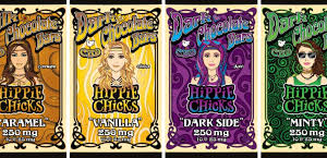 Four colorful Dark Horse Hemp edible packages labeled Hippie Chicks with flavors Caramel, Vanilla, Dark Side, and Minty, each containing 250 mg
