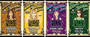 Four colorful Dark Horse Hemp edible packages labeled Hippie Chicks with flavors Caramel, Vanilla, Dark Side, and Minty, each containing 250 mg