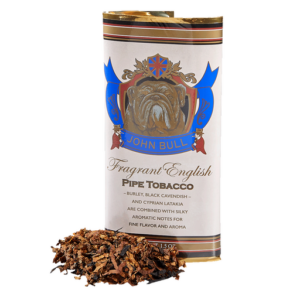 John Bull Fragrant English Pipe Tobacco package featuring a bulldog illustration with loose tobacco spilled in front