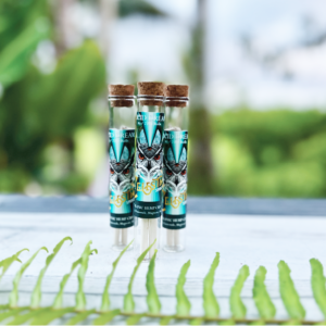 Three glass vials with cork stoppers containing products labeled 'CBD Dream' with an owl design, set against a blurred outdoor background.