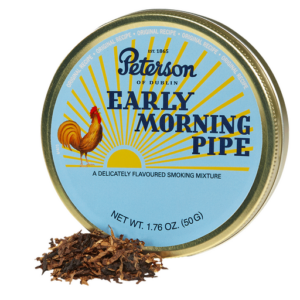 Tin of Peterson Early Morning Pipe tobacco with loose tobacco leaves in front, featuring a blue label with a rooster and yellow sun rays.