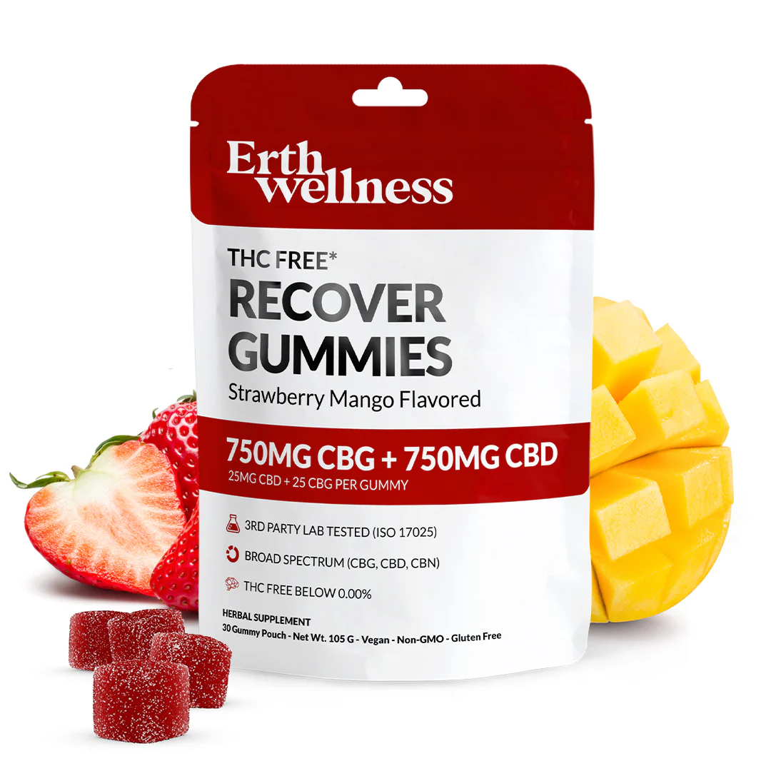 Erth Wellness THC-Free Recover Gummies in strawberry mango flavor with 750mg CBG and 750mg CBD per package.