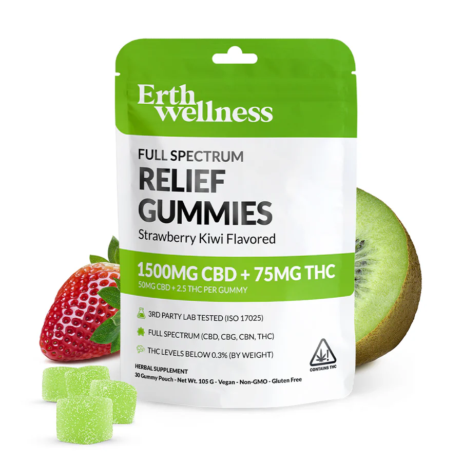 Erth Wellness Full Spectrum Relief Gummies (Strawberry Kiwi flavor) with 1500mg CBD and 75mg THC in a green and white pouch
