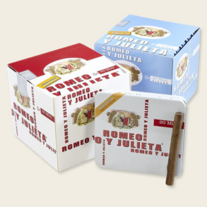 Romeo y Julieta cigar packaging with branded boxes and a tin featuring a single cigar in front.