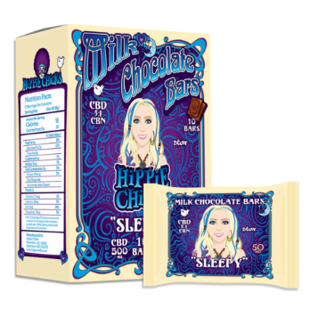 Milk Chocolate Bars Hippie Chicks 'Sleepy' CBD packaging showing a box and an individual wrapped bar.