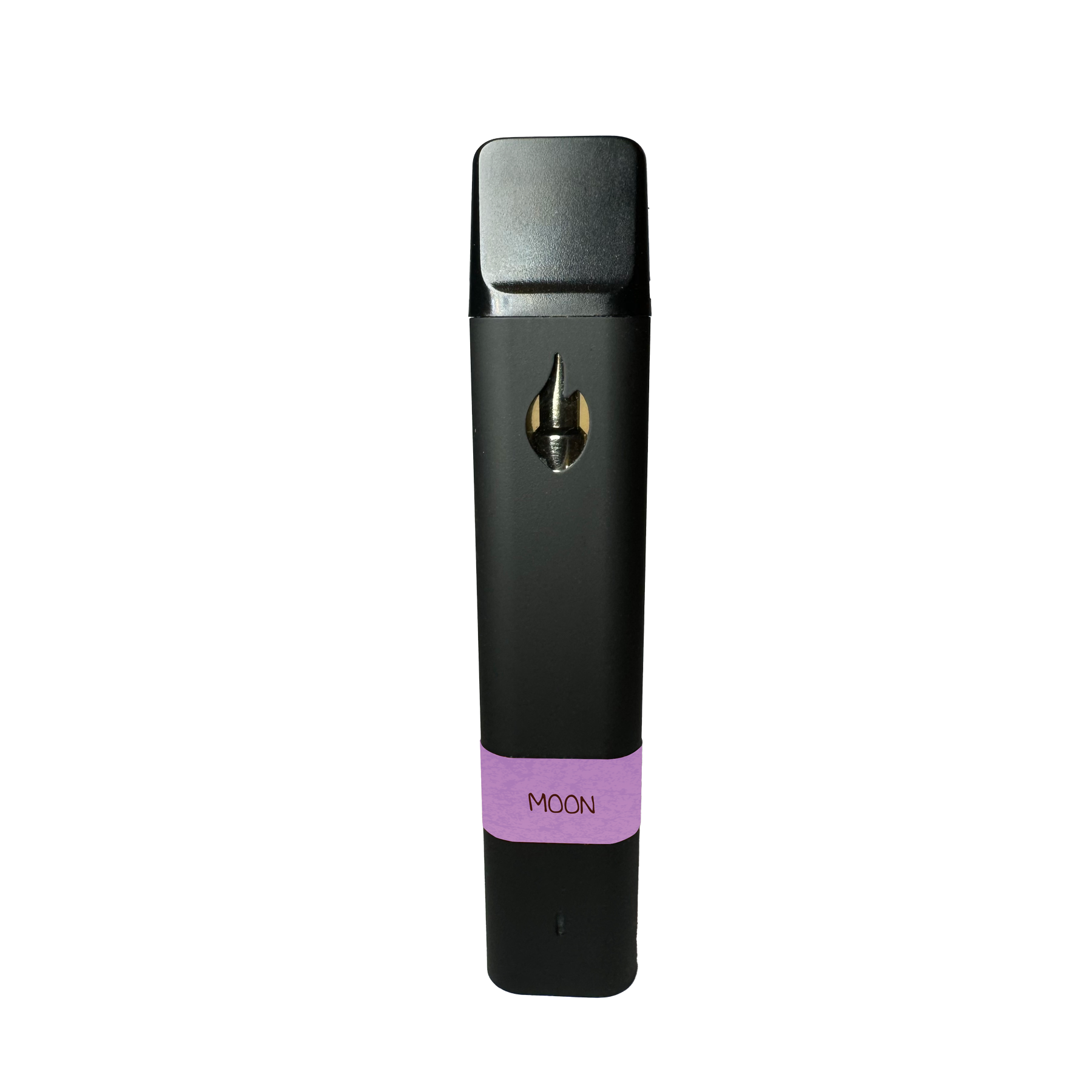 A sleek black vape pen with a purple label reading 'MOON'