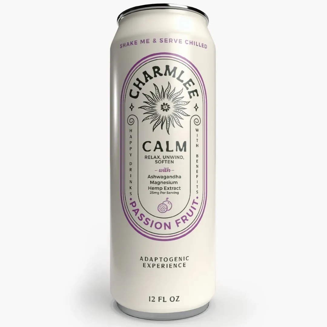 A 12 fl oz white can of Charmlee Calm passion fruit-flavored adaptogenic drink with ingredients listed on the label.