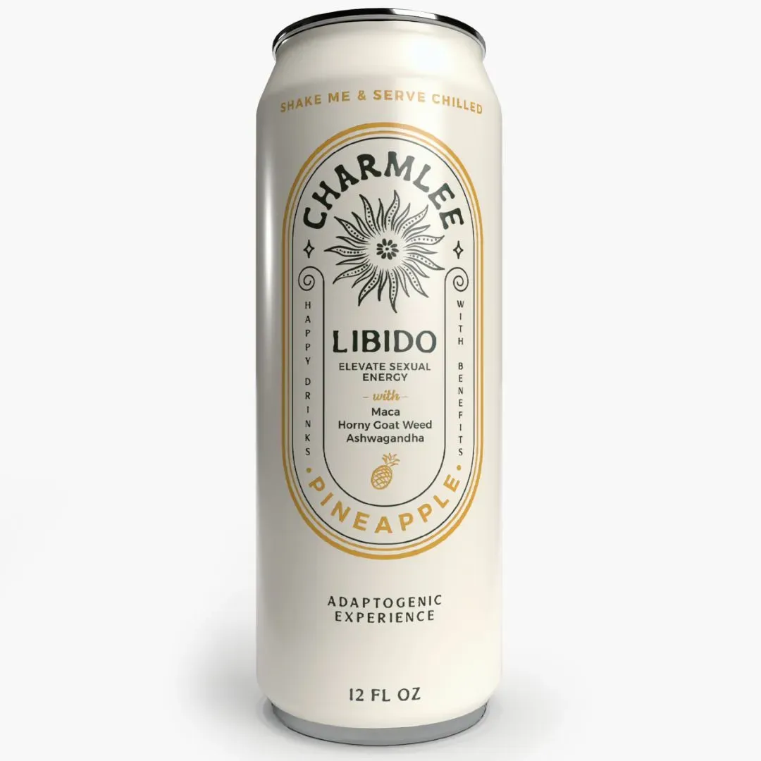 A white 12 fl oz can of Charmlee Libido pineapple-flavored adaptogenic drink with ingredients listed on the label.