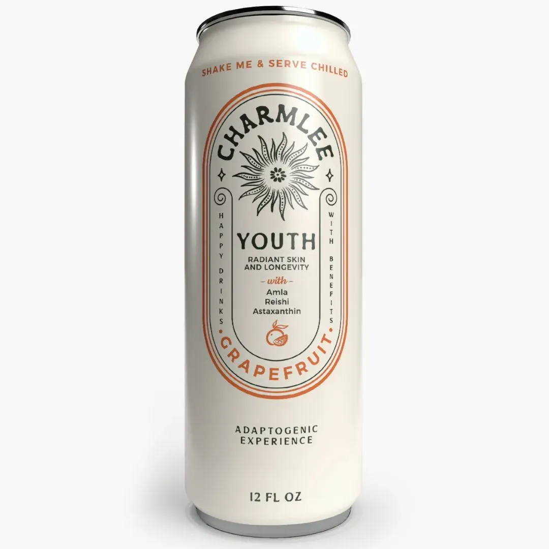 A white 12 fl oz can of Charmlee Youth grapefruit-flavored adaptogenic drink with natural ingredients listed.