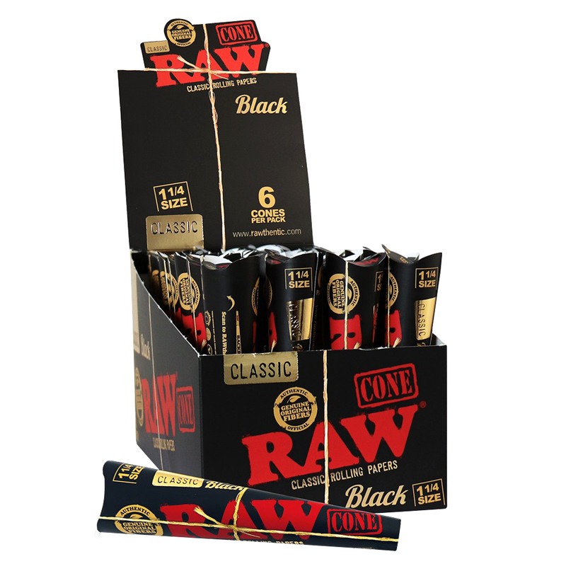 Display box of RAW Black Classic 1 1/4 Size Cone Rolling Papers, containing multiple packs with six cones each