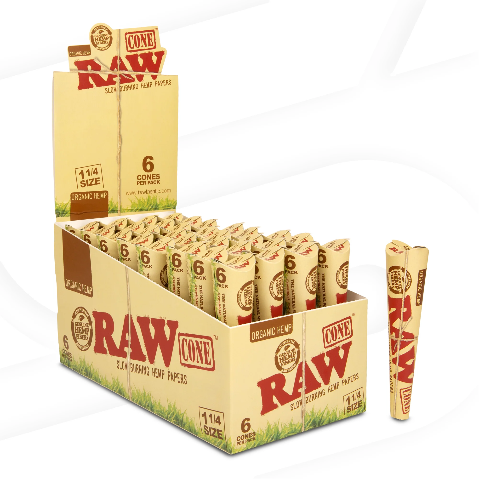 Display box of RAW organic hemp slow-burning cone packs with one cone standing beside it on a white background.
