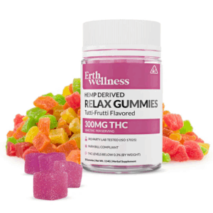 Jar of Erth Wellness hemp-derived Relax Gummies with colorful tutti-frutti flavored gummy candies.