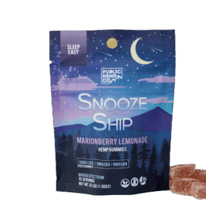 Package of Public Hemp Co. Snooze Ship Marionberry Lemonade hemp gummies with some gummies shown