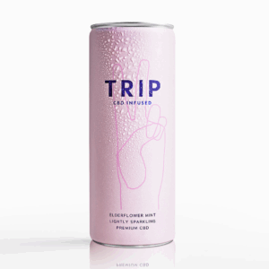 Tall pink can of TRIP CBD infused elderflower mint lightly sparkling drink with condensation droplets