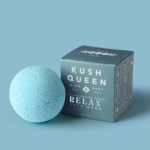 Blue bath bomb next to a blue box labeled 'Kush Queen Relax Full-Spectrum Hemp Extract Bath Bomb.'
