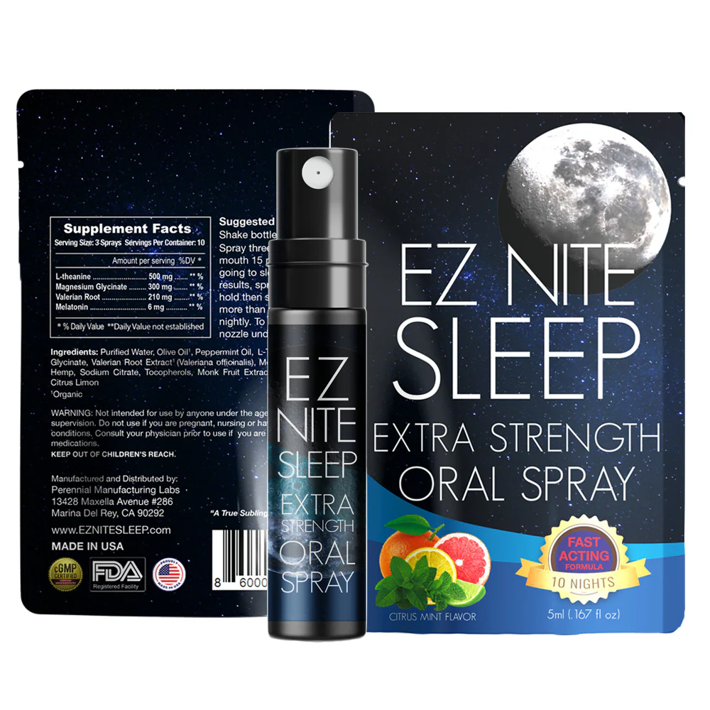 EZ Nite Sleep extra strength oral spray with citrus mint flavor displayed with front and back packaging.